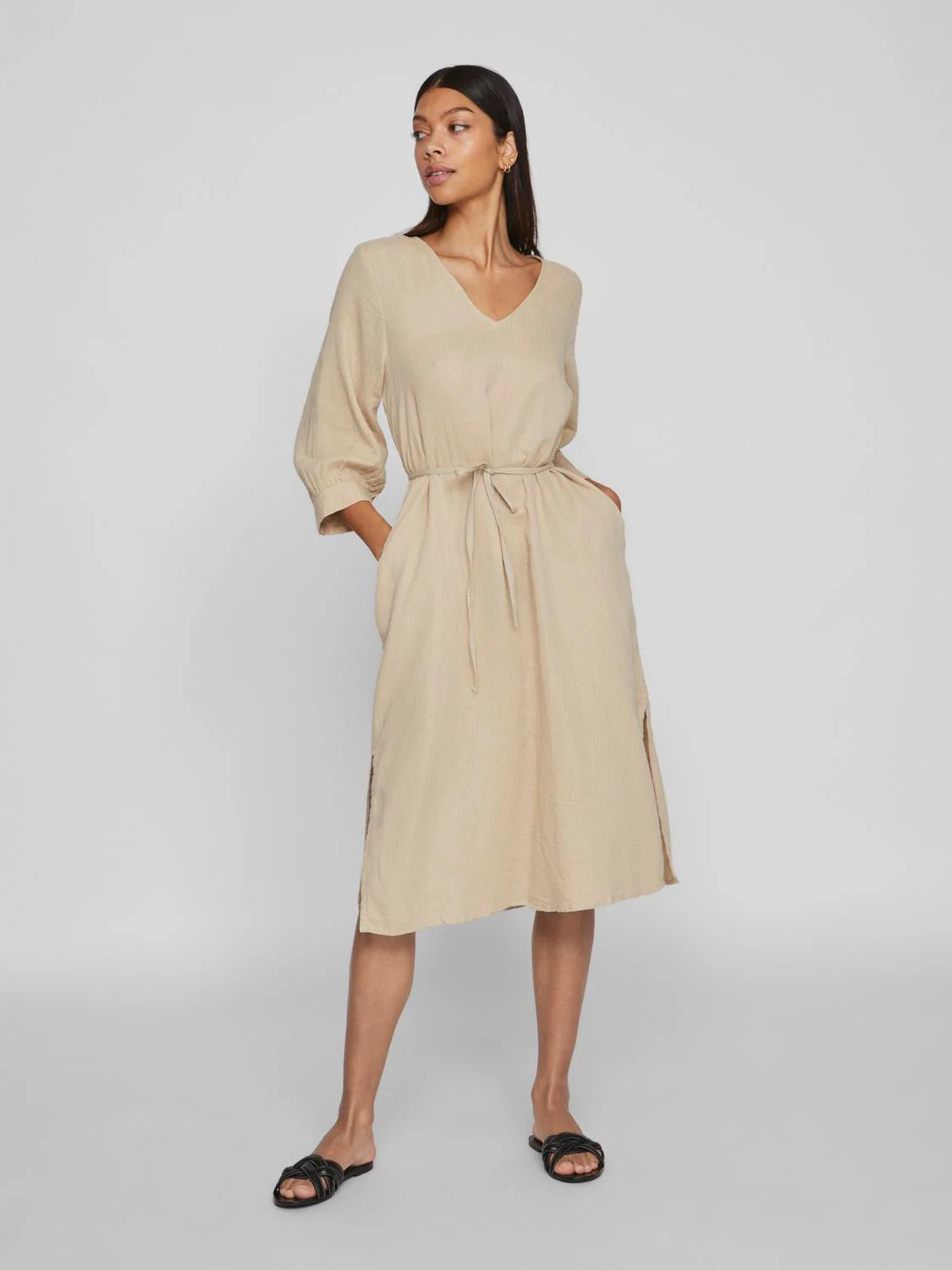 Vila  Vilania 3/4 V-Neck midi kjole - Feather Gray