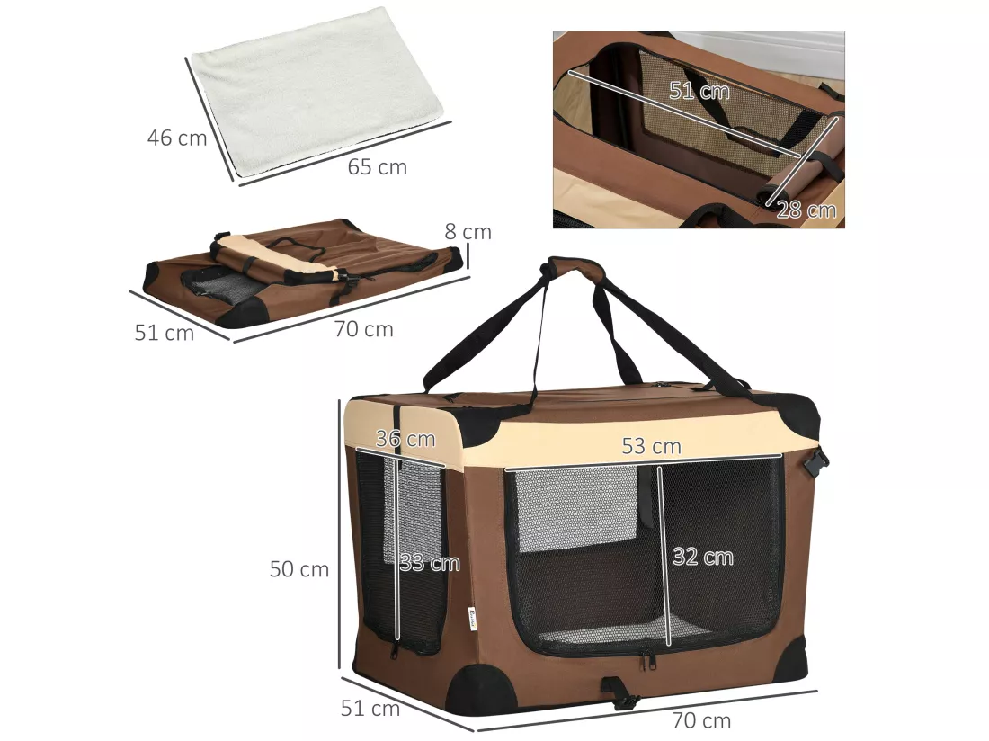 Sac de transport pour chien et chat pliable - poignée, 3 entrées zippées, poche - coussin amovible inclus - acier oxford polyester marron noir