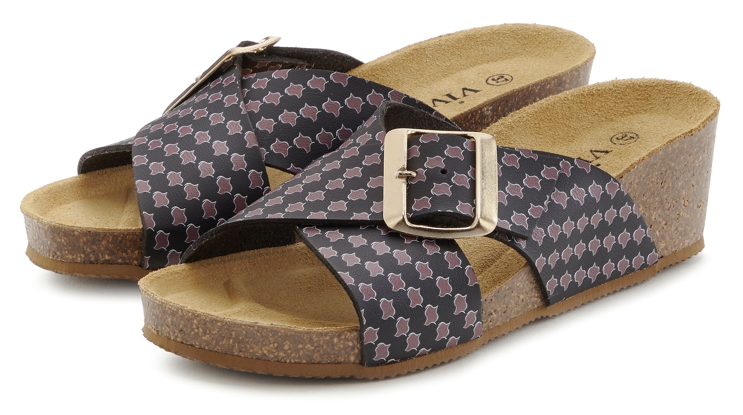 Vivance Pantolette »Sandale, Mule, offener Schuh«  mit Komfortkorkfussbett aus Leder, Keilabsatz und Print