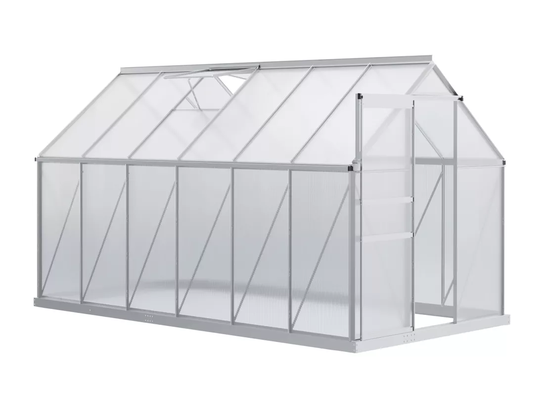 Serre de jardin aluminium polycarbonate 7,12 m² dim. 3,75L x 1,9l x 2H m lucarne réglable fondation porte coulissante