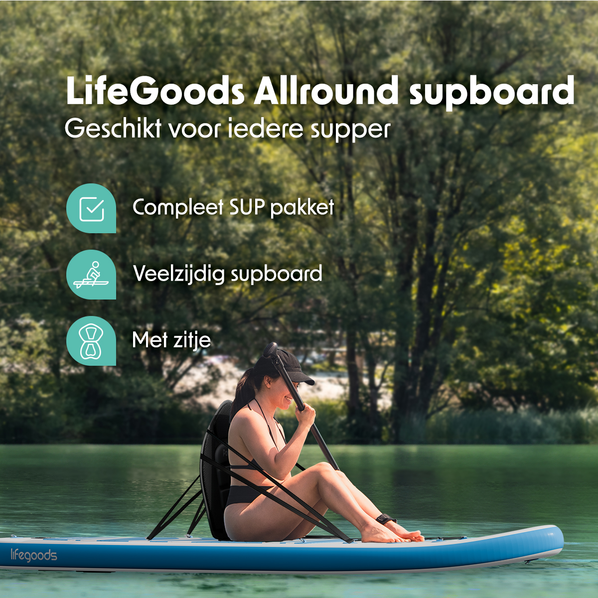 LifeGoods PaddlePro SUP Board met zitje - White/Sky Blue