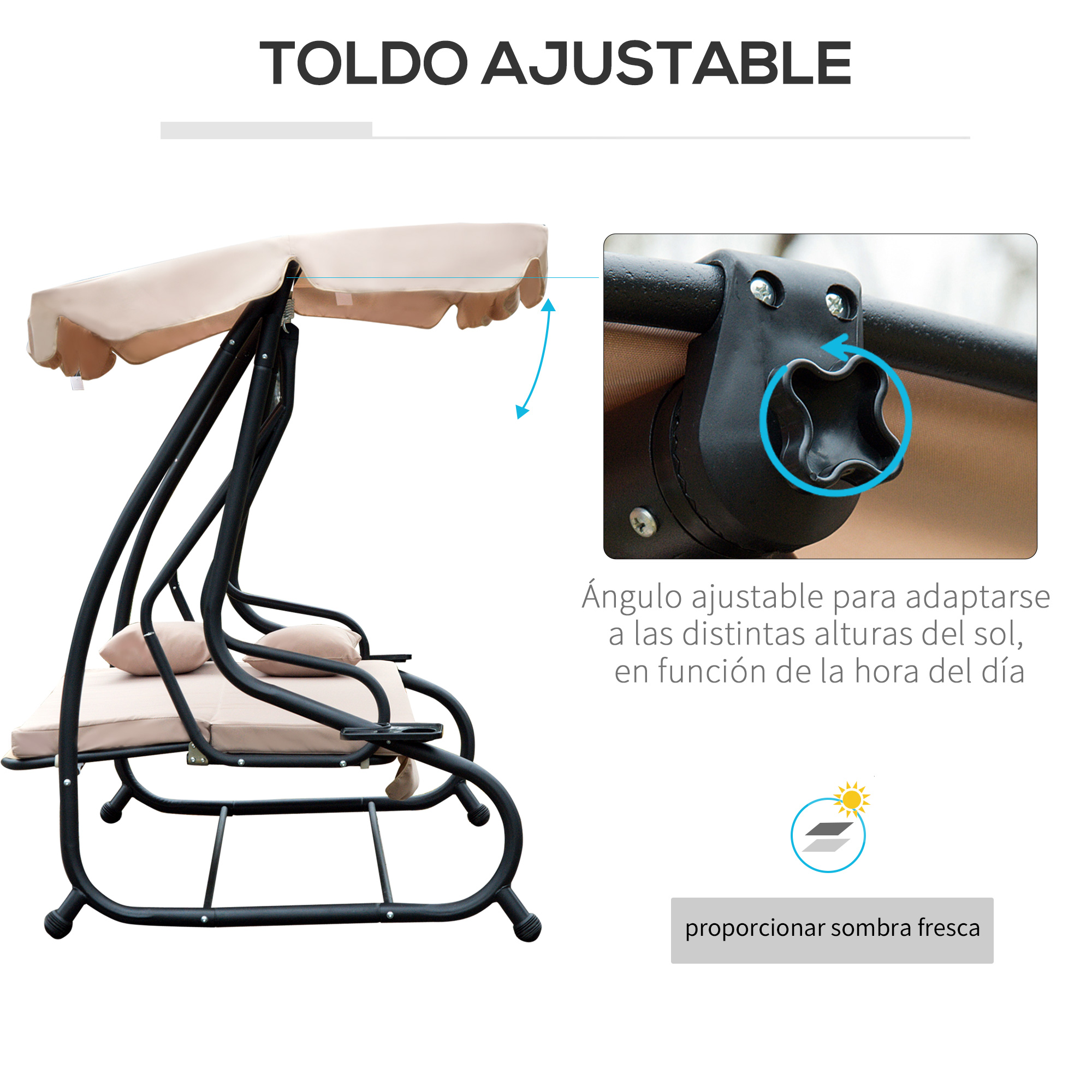 Cadeira de balanço de jardim Outsunny de 3 lugares, conversível em cama, com cobertura ajustável para proteção solar e bandeja para bebidas, ideal para pátio, varanda e uso externo. Suporta até 340 kg e mede 200 x 120 x 164 cm. Estrutura de aço.