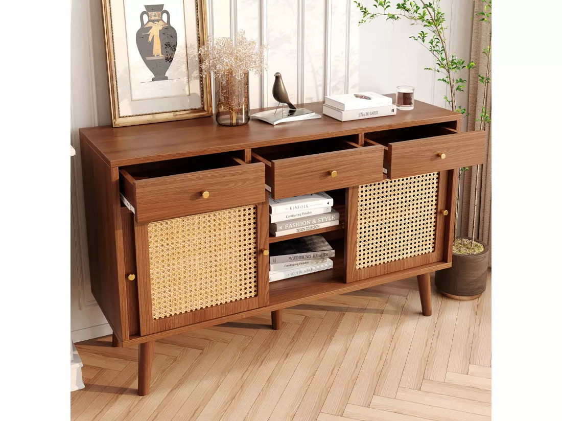 Buffet avec 3 portes coulissantes et 3 tiroirs en MDF - effet rotin - coloris noyer