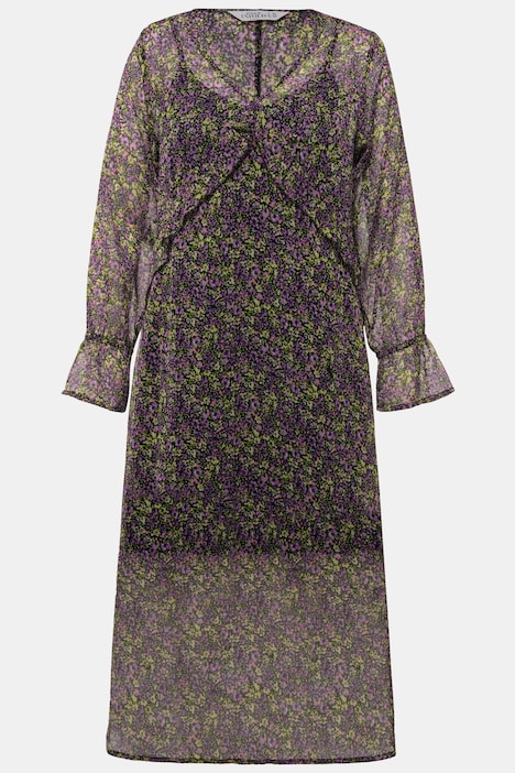Maxikleid, A-Line, Chiffon, Minimal Blumen, V-Ausschnitt, Langarm