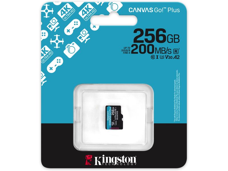 Kingston microSDXC-Karte Canvas Go! Plus 256 GB, ohne Adapt SD-Karte UHS-I U3, 200 MB/s / 160 MB/s, ‎Klasse 10