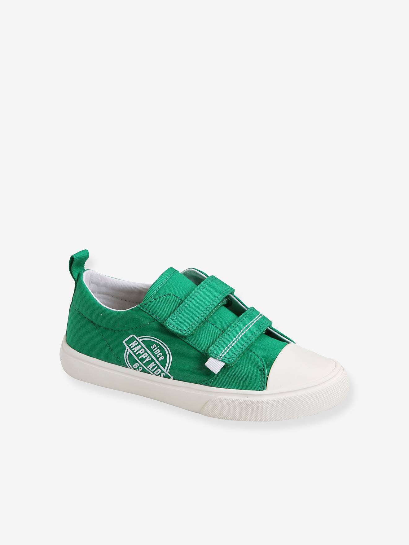 Tênis de lona com tiras autoadesivas, para meninos, verde escuro liso com estampas.