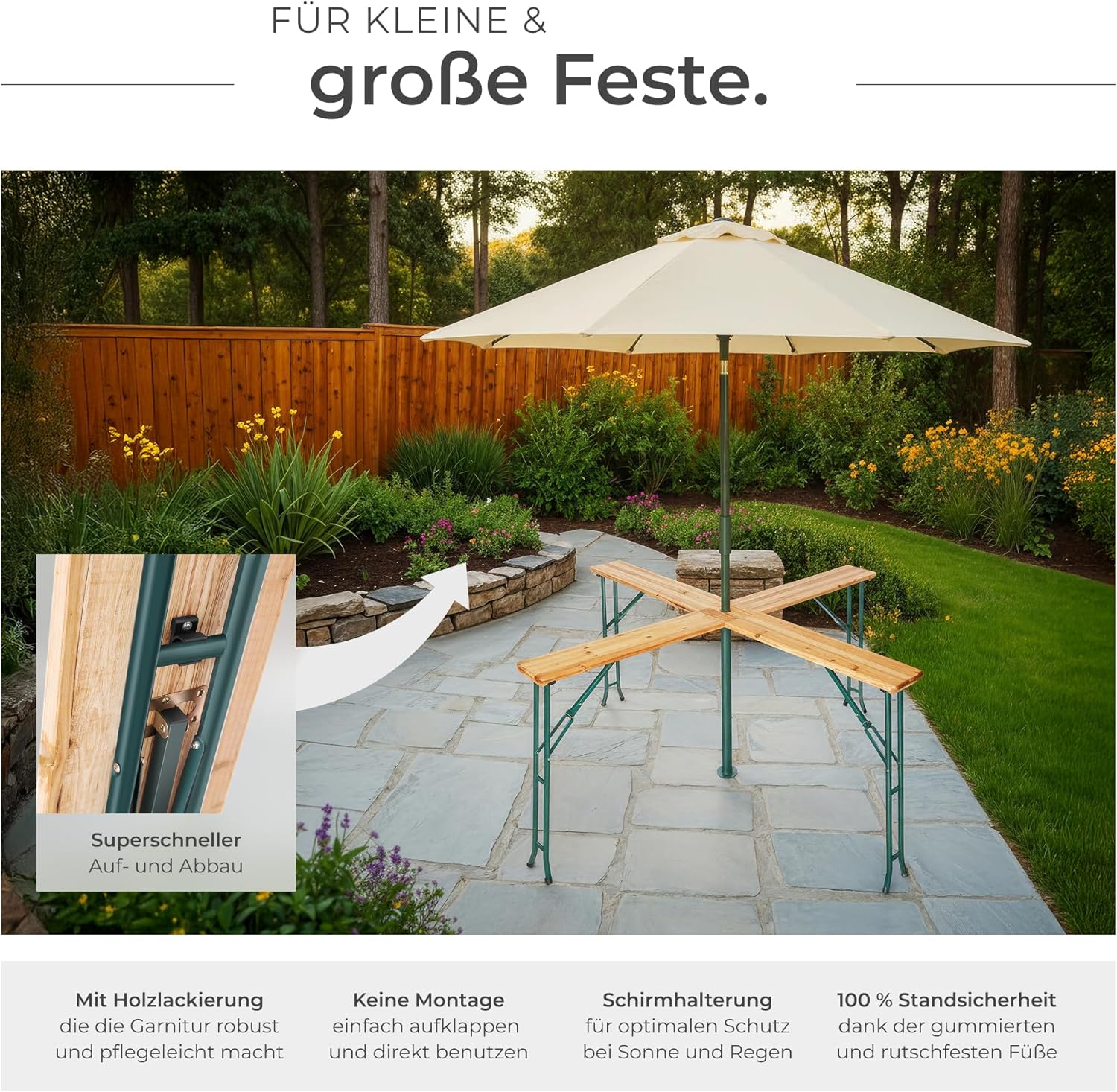 tectake® Stehtisch Quattro als Bierzeltgarnitur, XXL Biertisch aus Holz, klappbar, Outdoor Klapptisch mit Sonnenschirmhalterung, wetterbeständiger Gartentisch, Platz für 20 Personen, robust und stabil