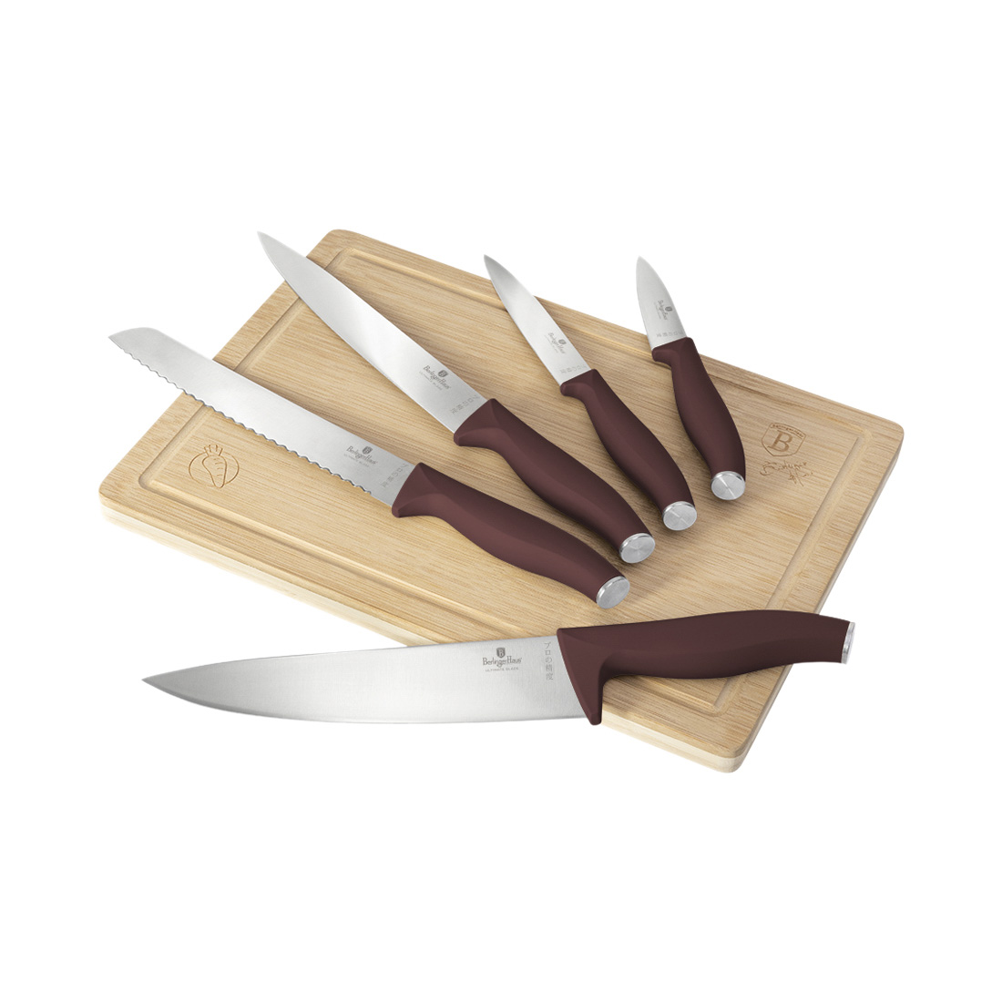 Berlinger Haus 6-teiliges Messer-Set mit Bambus Schneidebrett matt bordeaux Leonardo Collection
