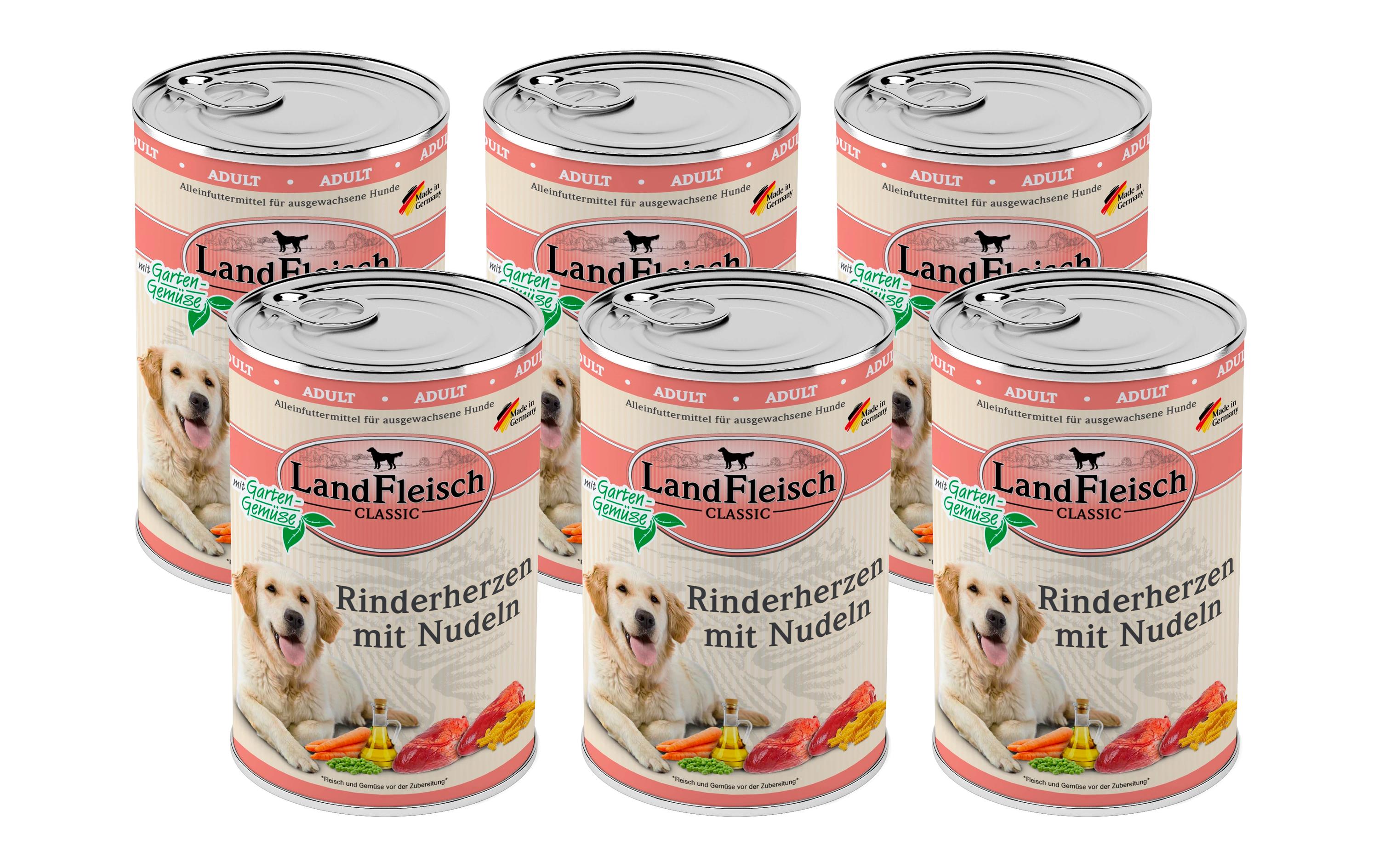 Nassfutter Classic Rinderherzen mit Nudeln, 6 x 400 gHochwertiges Nassfutter für ausgewachsene Hunde