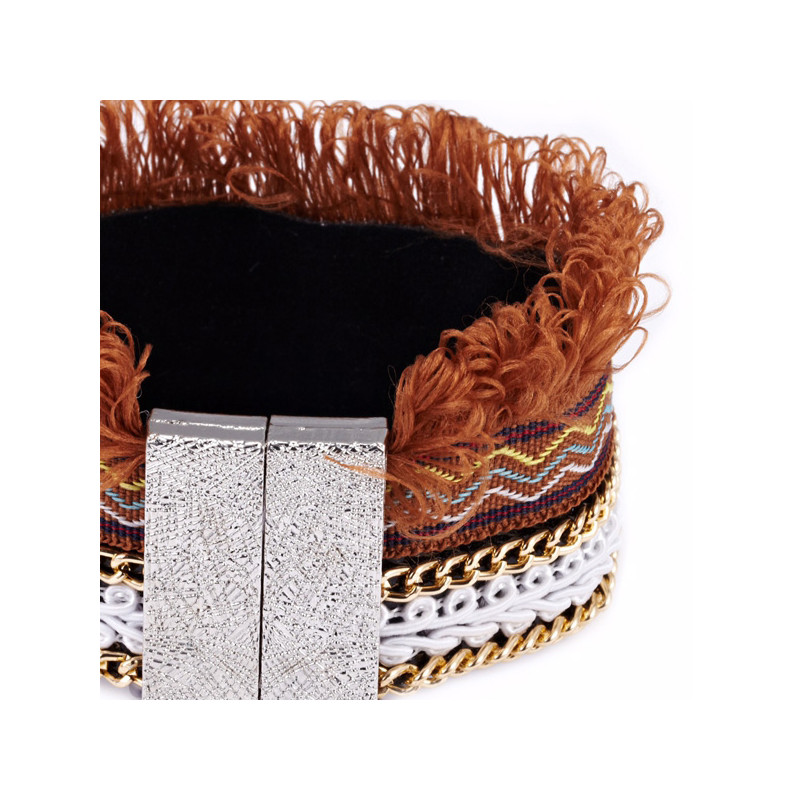Bracelet à Franges, Coton Marron et Acier Inoxydable