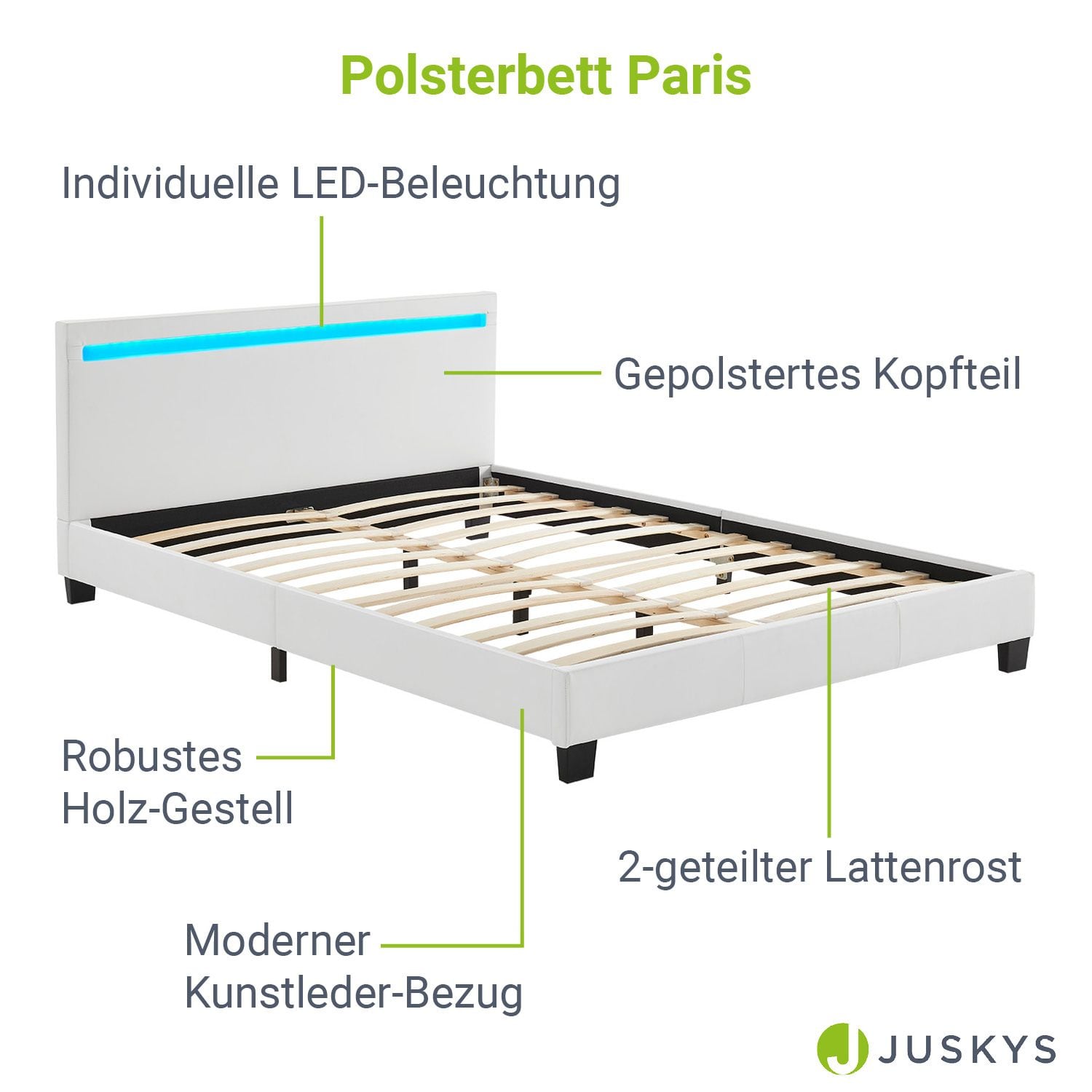 Juskys Polsterbett Paris 140 x 200 cm Einzelbett in weiß mit Kaltschaummatratze