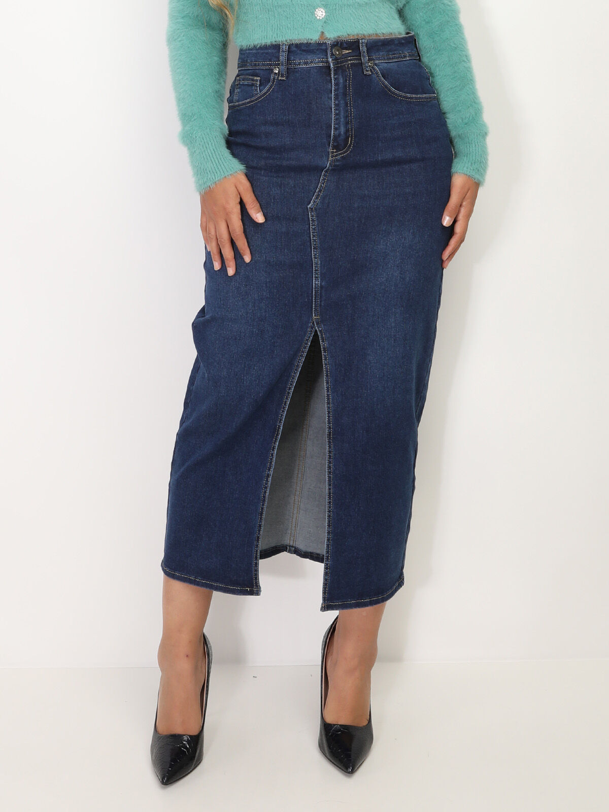 Jupe longue en denim fendue- Bleu foncé