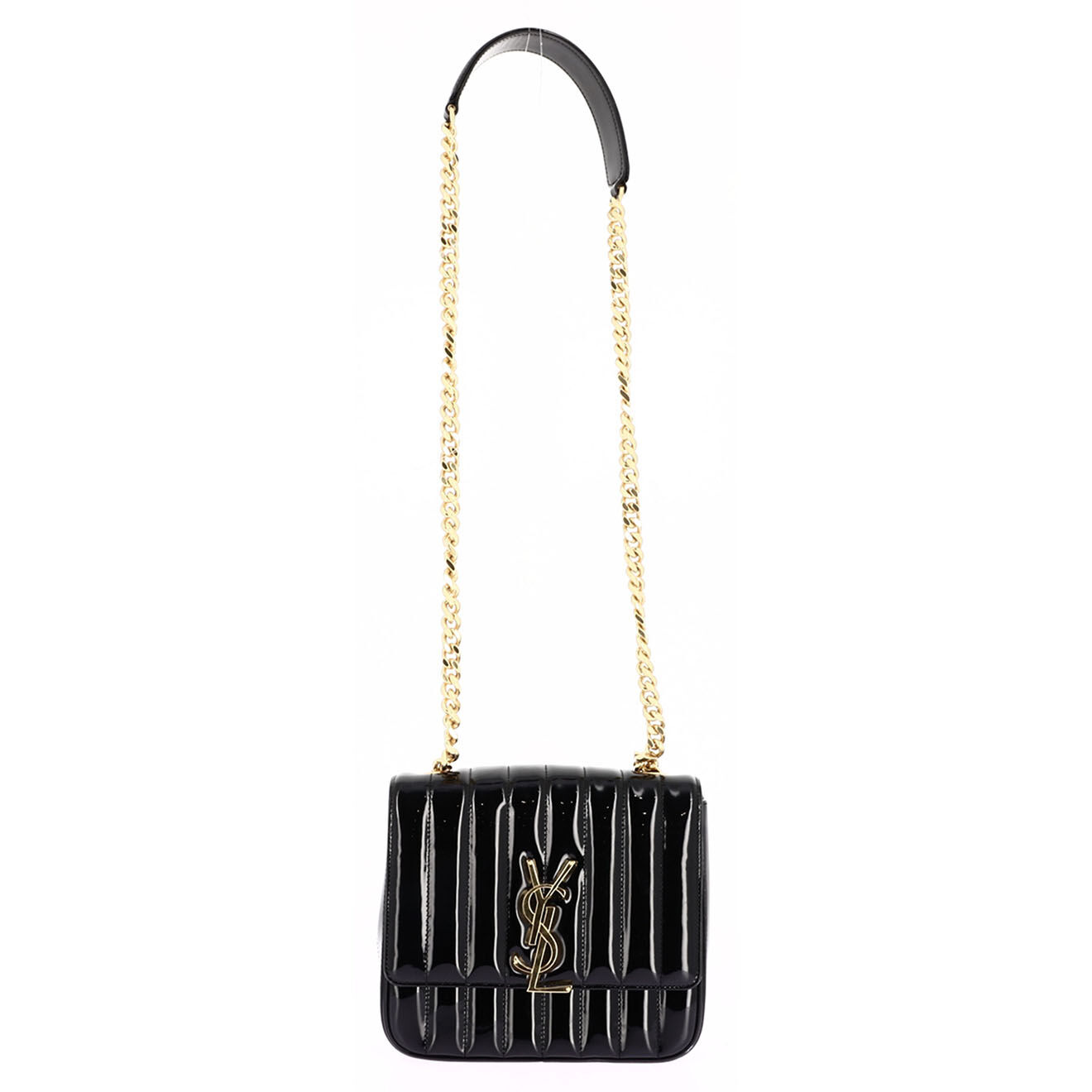 Saint Laurent Sac bandoulière Vicky en Cuir verni noir - Très bon état - L.20 cm