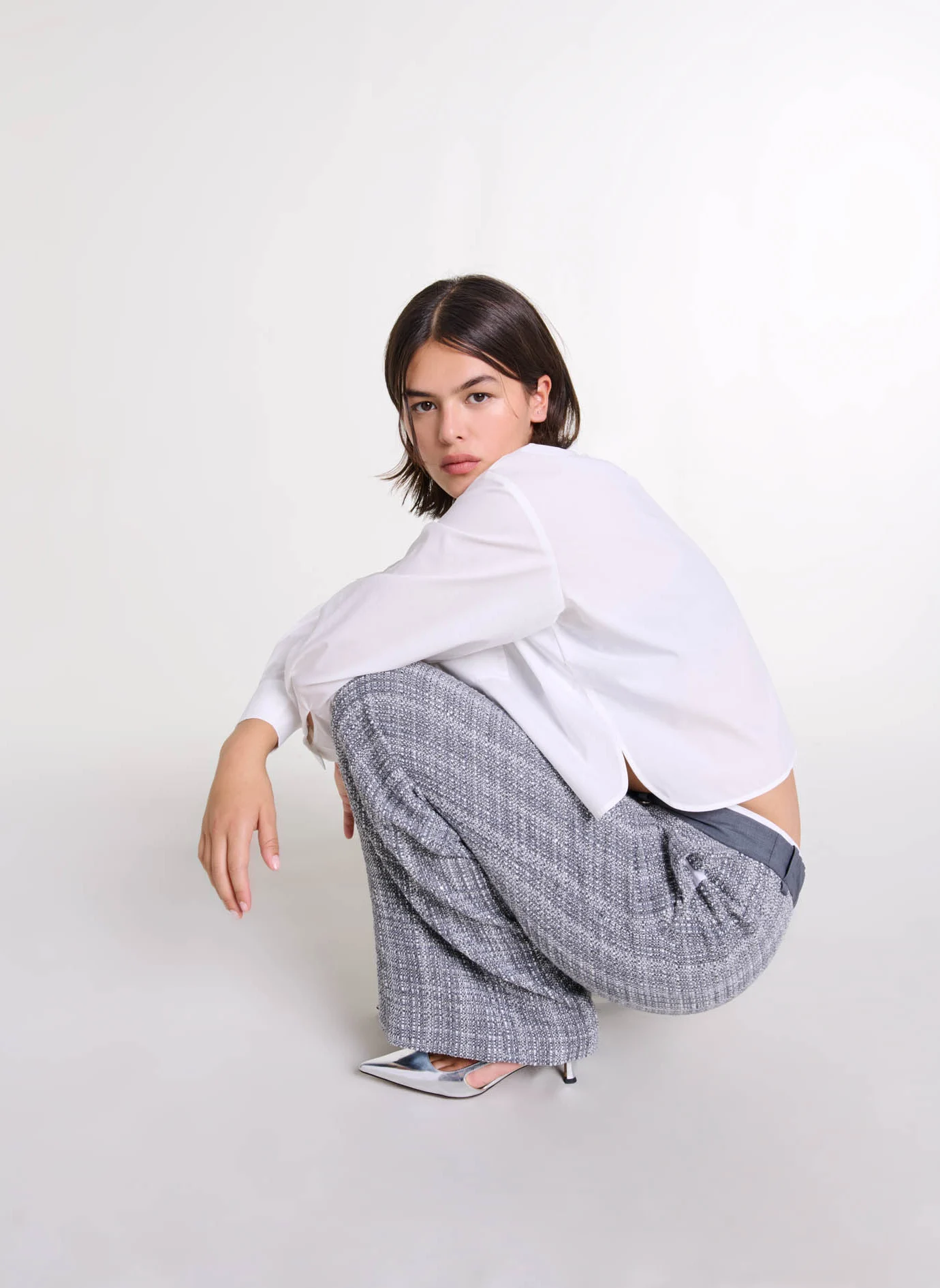 Pantalon large taille haute en tweed | Gris