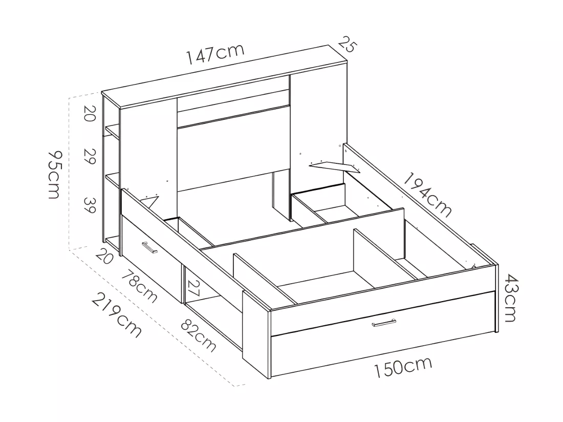 Lit avec tête de lit rangements et tiroirs - 140 x 190 cm - Coloris : Naturel et blanc + Sommier + Matelas - LEANDRE