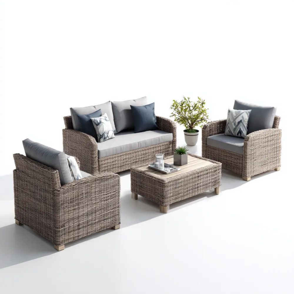 Garten-Sofaset Rattan 4-teilig – Zweiersofa 150x75x80 cm – Grau – Mode