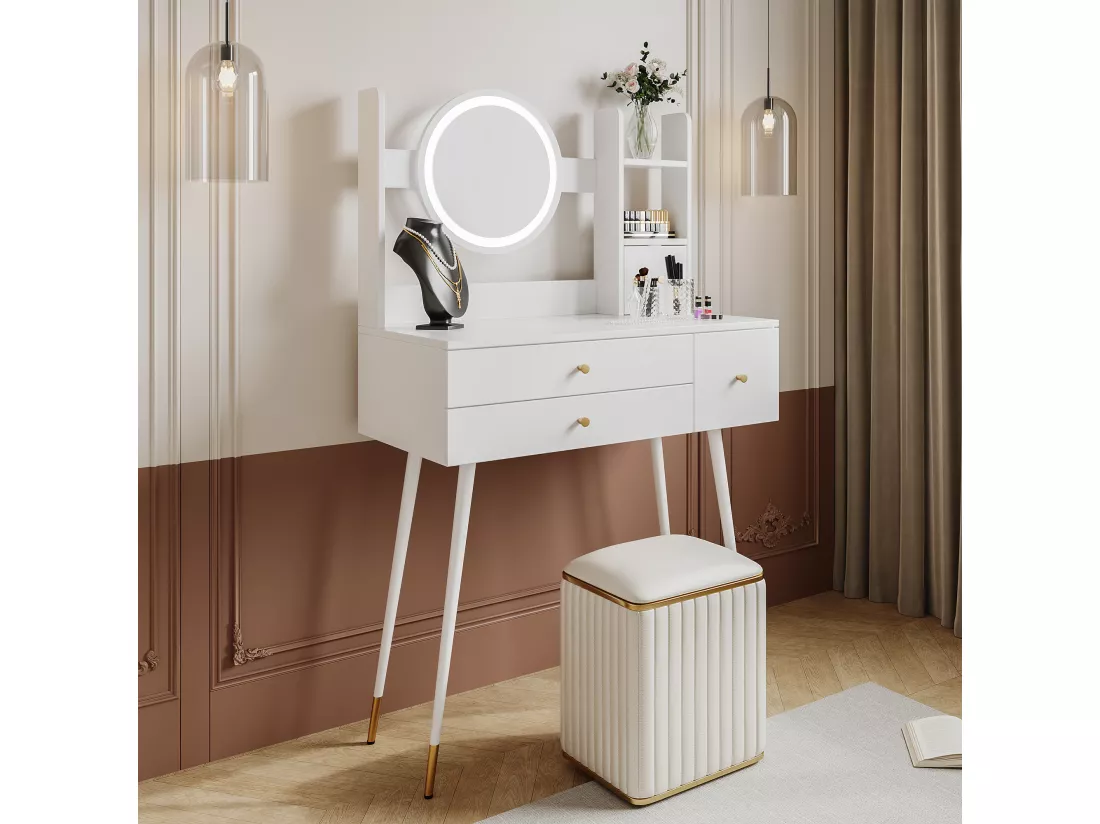 Coiffeuse avec miroir à LEDs - 3 tiroirs spacieux et étagères de rangement - 80 x 40x 130 cm - Bois MDF - Blanc (sans tabouret)