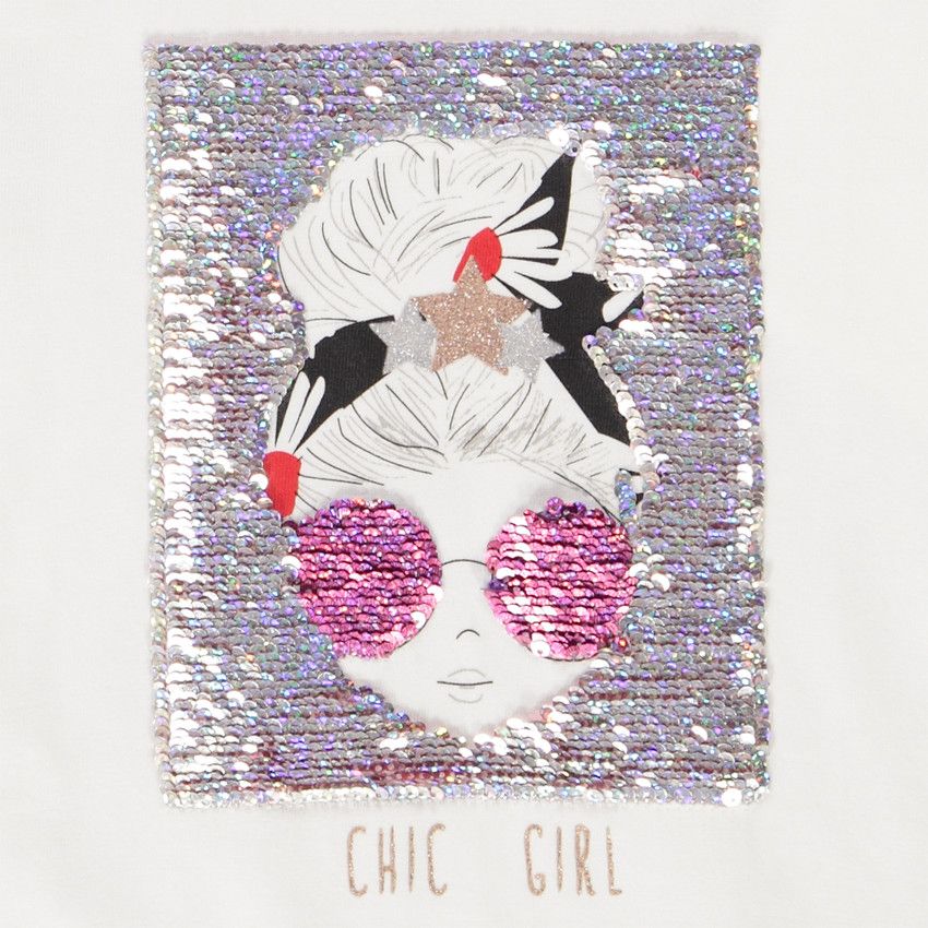 T-shirt manches longues avec print et sequins magiques pour fille - Ecru