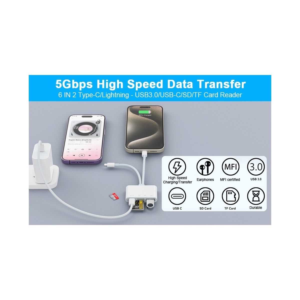 NÖRDIC USB-C, Lightning-kortleser 2 spor SD, MicroSD 1xUSB-A, 1xUSB-C UHS-I