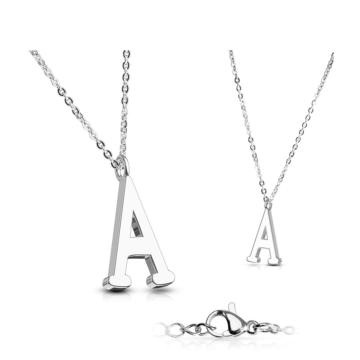 (43cm) Edelstahl Damen Halskette mit Buchstaben Anhänger - Buchstabe A / Silber