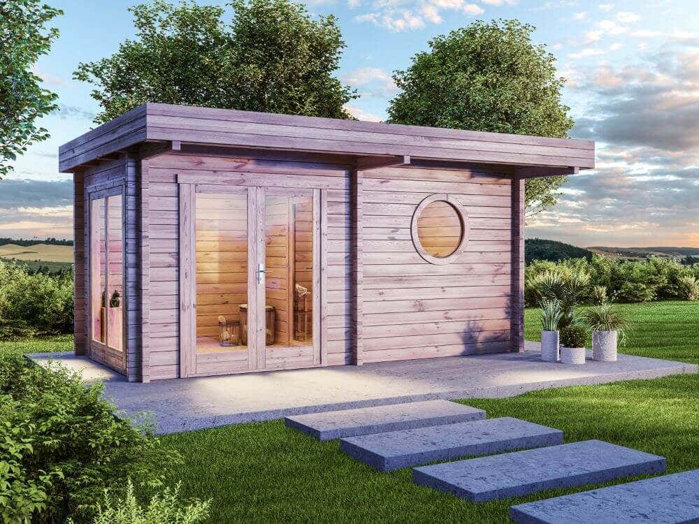 FinnTherm Saunahuis Enns-70 Tuinsauna met 3 houten banken, 70 mm dikke wanden, buitensauna met montagemateriaal, natuurlijke afwerking, 5,1 x 3,5 m