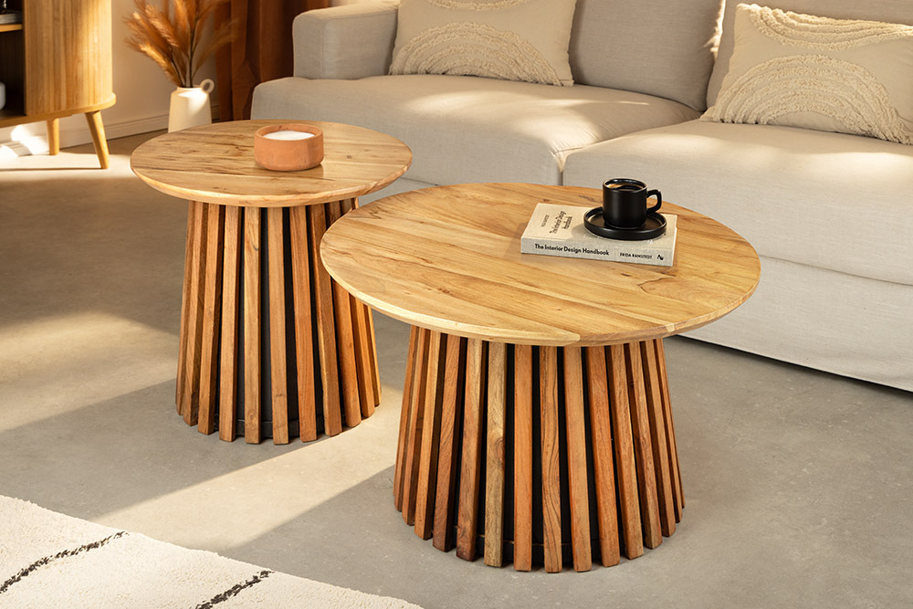 Rundes 2er Set Couchtische VALHALLA WOOD 70cm natur braun Akazie Massivholz
