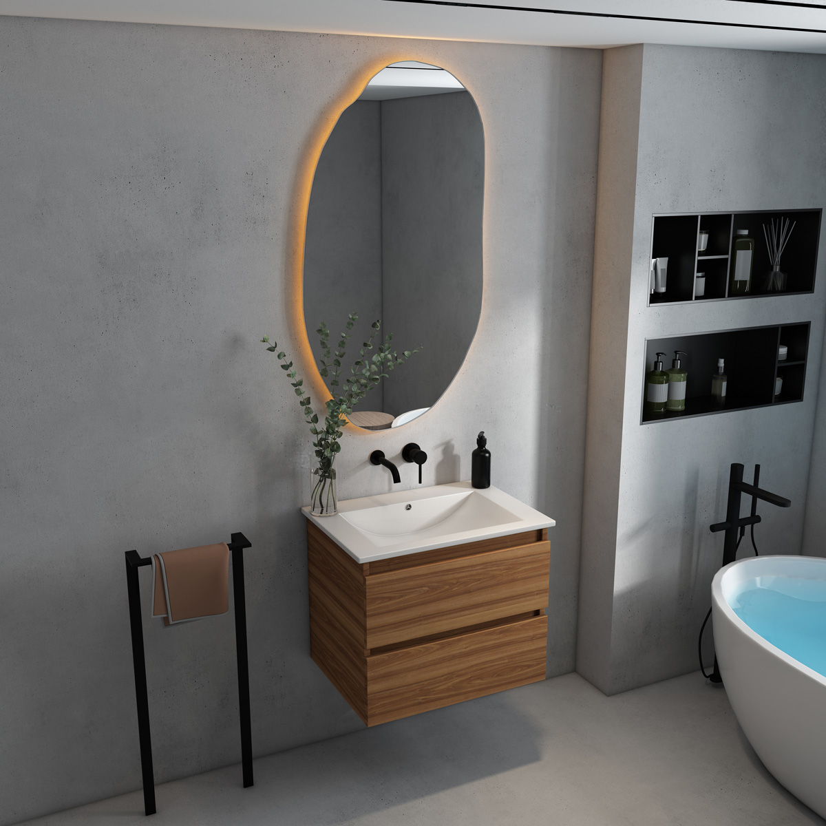 Fontana Rovigo badmeubel 60cm met witte wastafel zonder kraangat walnoot