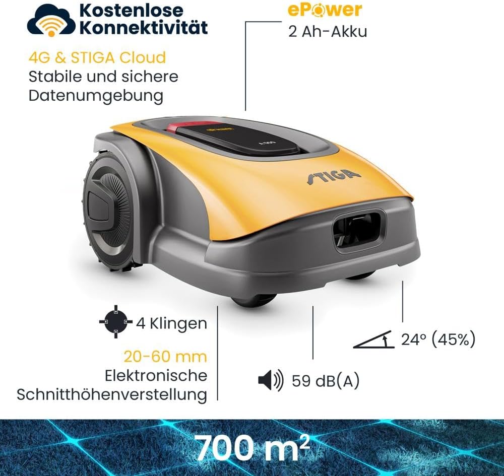 STIGA A500 Autonomer Roboter-Rasenmäher. Rasenroboter ohne Begrenzungskabel (max. 700m²). App-Steuerung, 45% Steigung, 3 Mähzonen. Rasenroboter mit GPS RTK Navigation & 4G