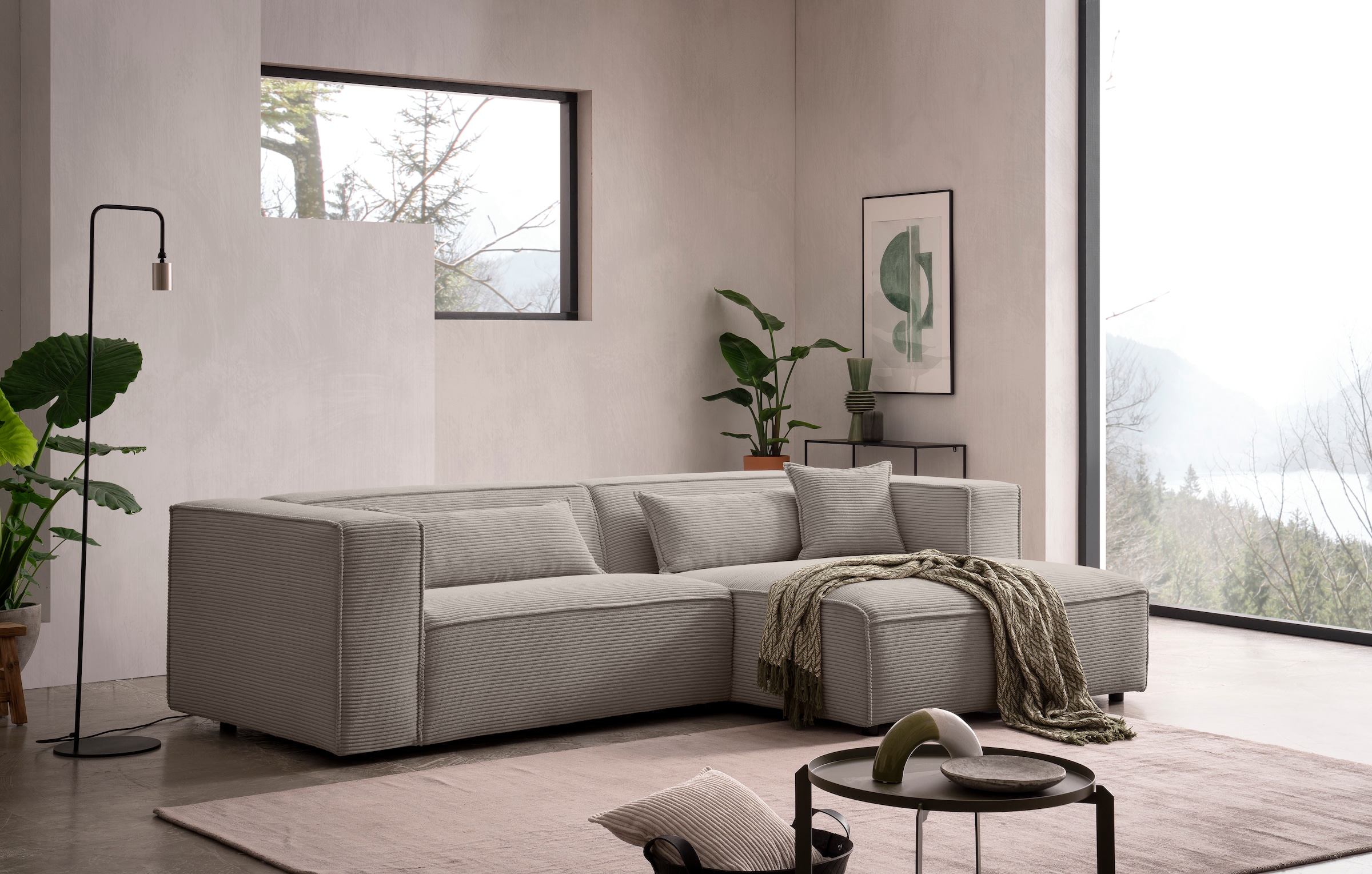 LeGer Home by Lena Gercke Ecksofa »PIARA mit Kedernaht, Cord, Leinenoptik o. Strukturstoff, Couch, L-Form« wahlweise Ottomane rechts/links, schwarze Füsse, bequemer Sitzkomfort