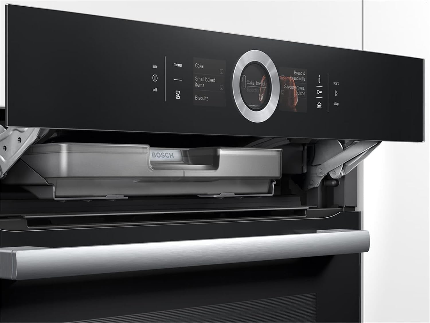 Bosch HSG636BB1 Serie 8 Einbau-Dampfbackofen, Schwarz, 60 x 60 cm, 1 L Wassertank, EcoClean Direct Reinigungshilfe, Bosch Assist Backeinstellung auf Knopfdruck, 4D Heißluft Backen auf 4 Ebenen