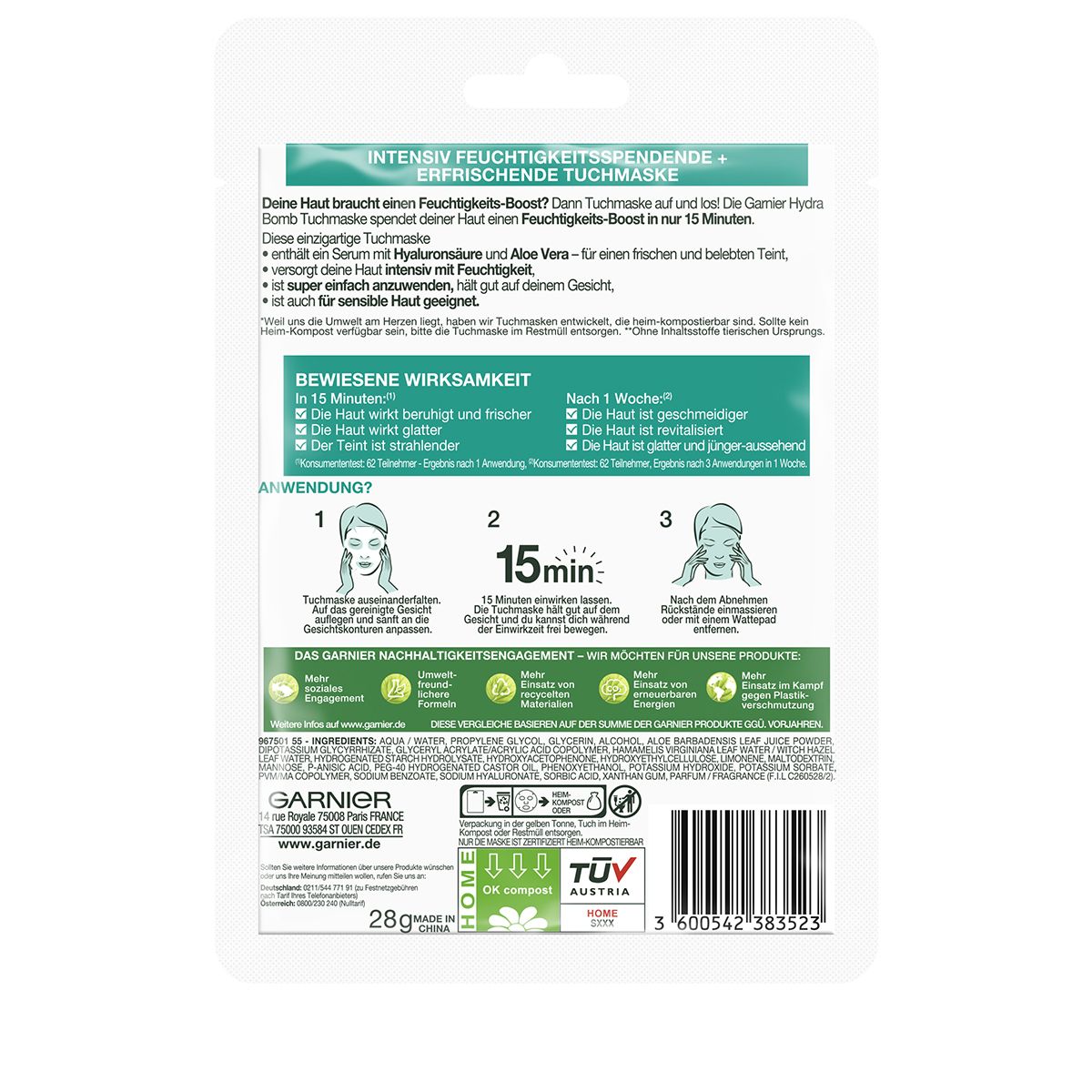 GARNIER Skin Tuchmasken Hydra Bomb Hyaluronsäure   Aloe Vera Btl 28 g
