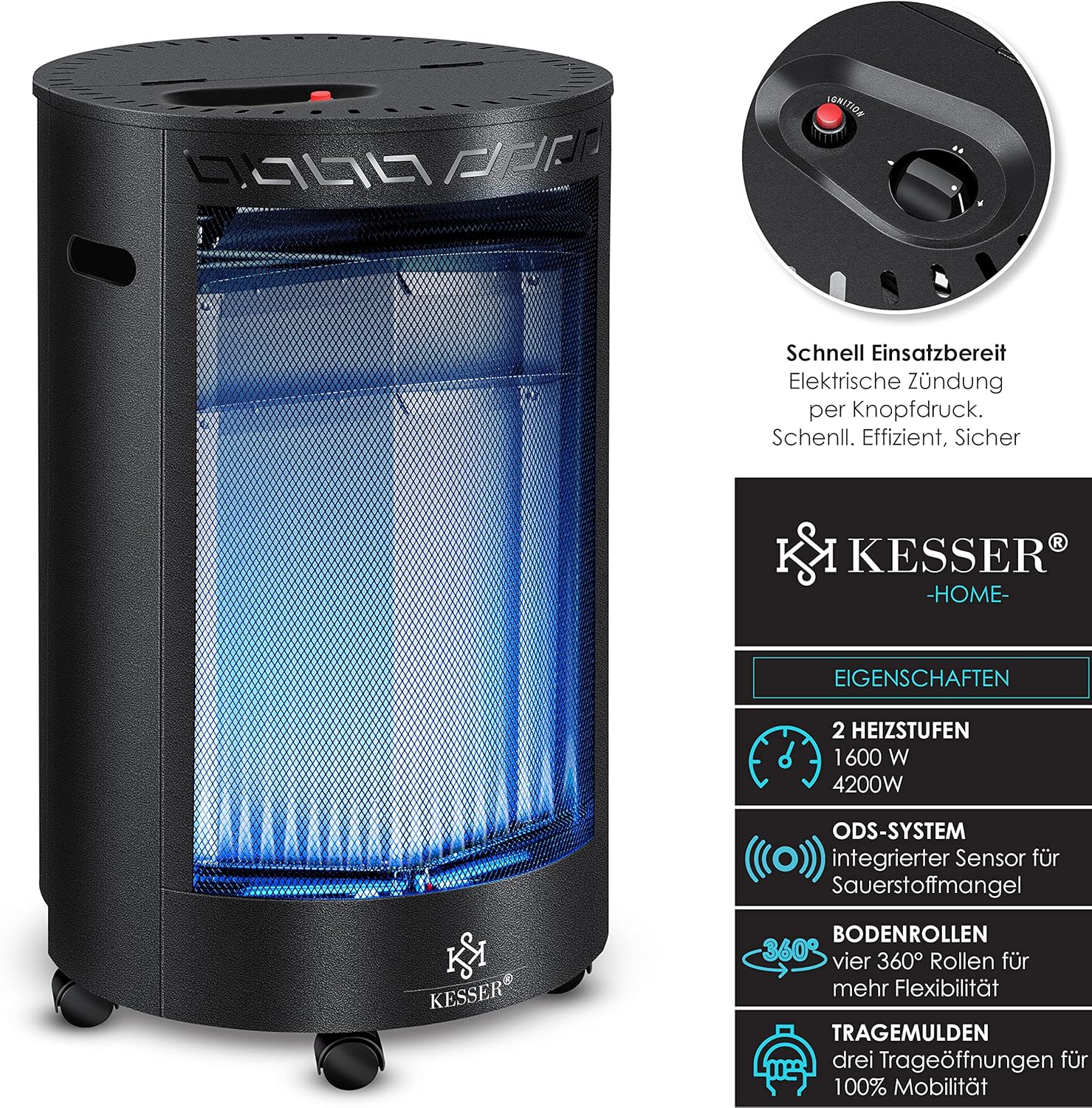 KESSER® Gasheizer Keramik 4200 Watt Gas Heizstrahler inkl. Gasdruckregler Gasschlauch - Gasheizofen inkl. Schutzhülle Gasheizgerät, Infrarot Keramikbrenner, Butan- oder Propangasflaschen, Schwarz