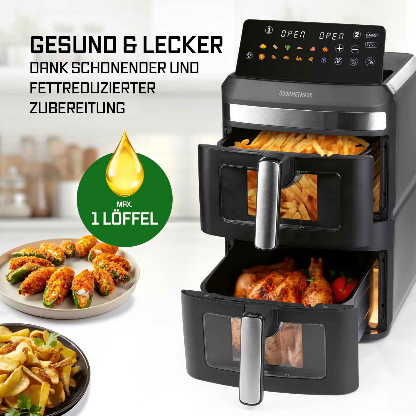 GOURMETmaxx FryUp XL vertikale Doppelkammer Heißluftfritteuse mit Sichtfenster - 12 L | Airfryer mit 9,6 Zoll Multi-Colour LED-Touchdisplay & 12 Programmen | Heißluftfritteuse 2 Kammern mit Oberhitze