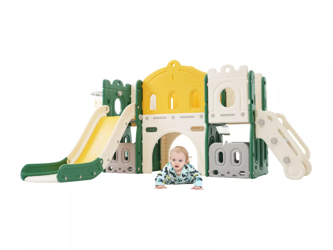 Petit château, toboggan et escalade pour enfants, aire de jeux 6 en 1, en polyéthylène haute densité (PEHD)