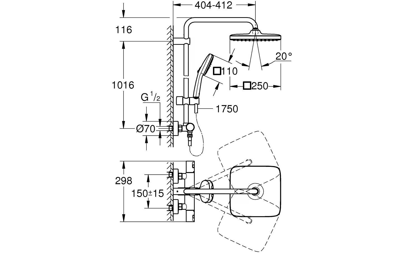 Duschsystem mit Thermostatbatterie Vitalio Comfort 250<br>Duschsystem mit Thermostatbatterie für die Wandmontage