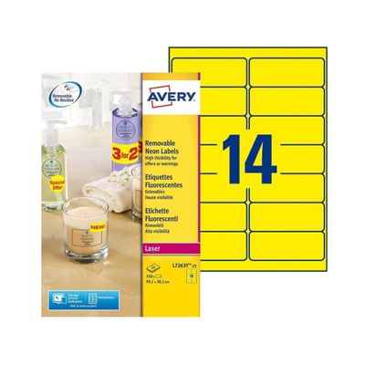 Avery - 350 Étiquettes amovibles jaune fluo - 99,1 x 38,1 mm - Impression laser - réf L7263Y-25