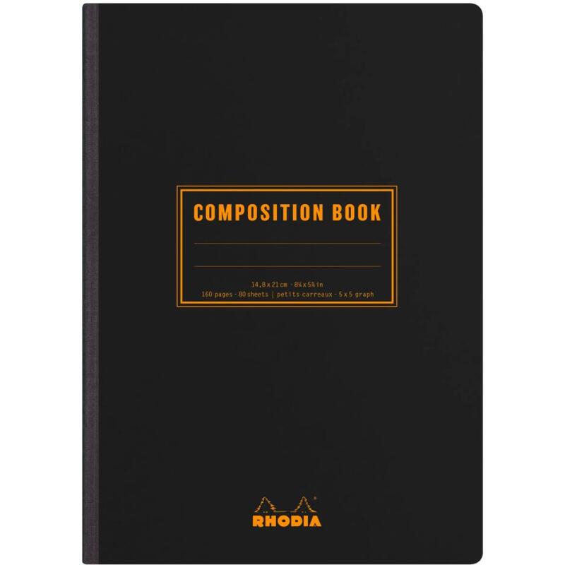 Rhodia Classic Composition book A5 petits carreaux 5x5 160 pages 80g non microperforé - Noir