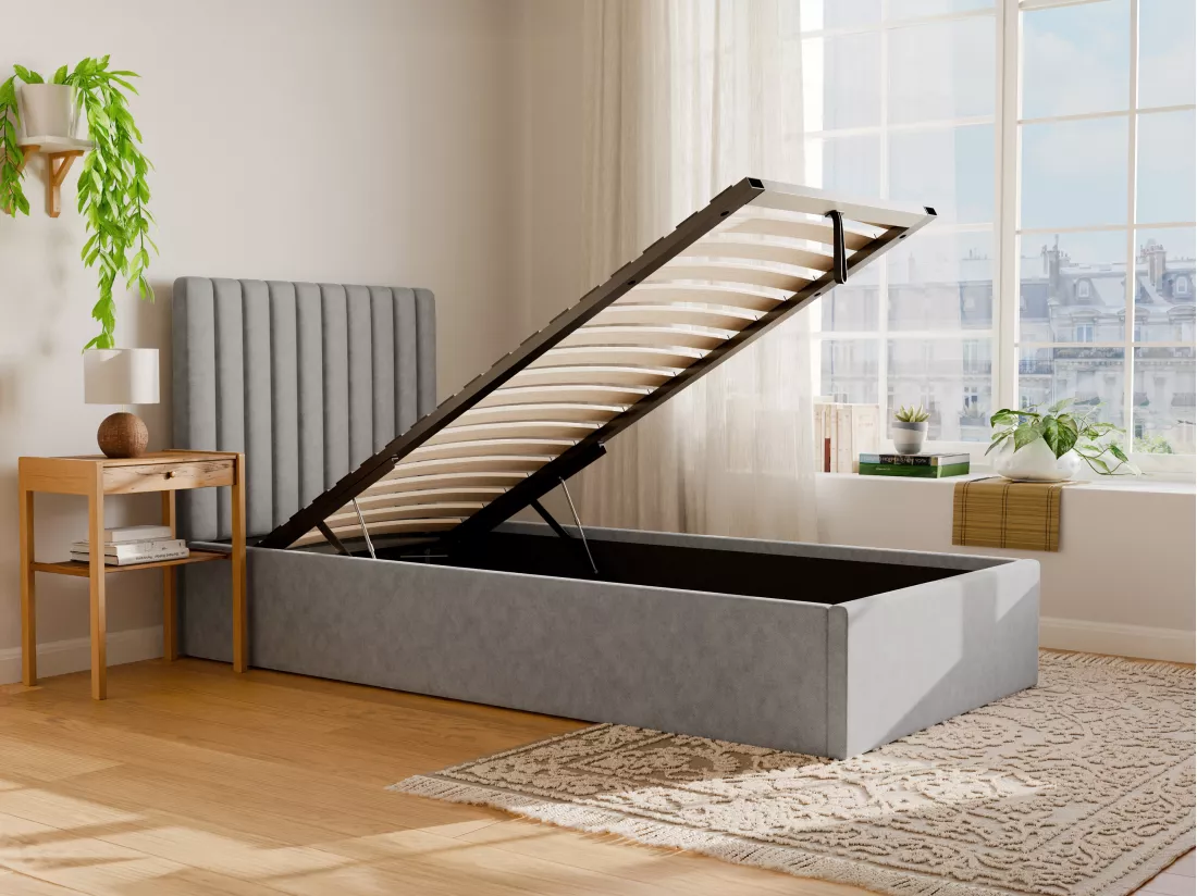 Lit coffre 90 x 190 cm avec tête de lit coutures verticales - Tissu - Gris - SARAH