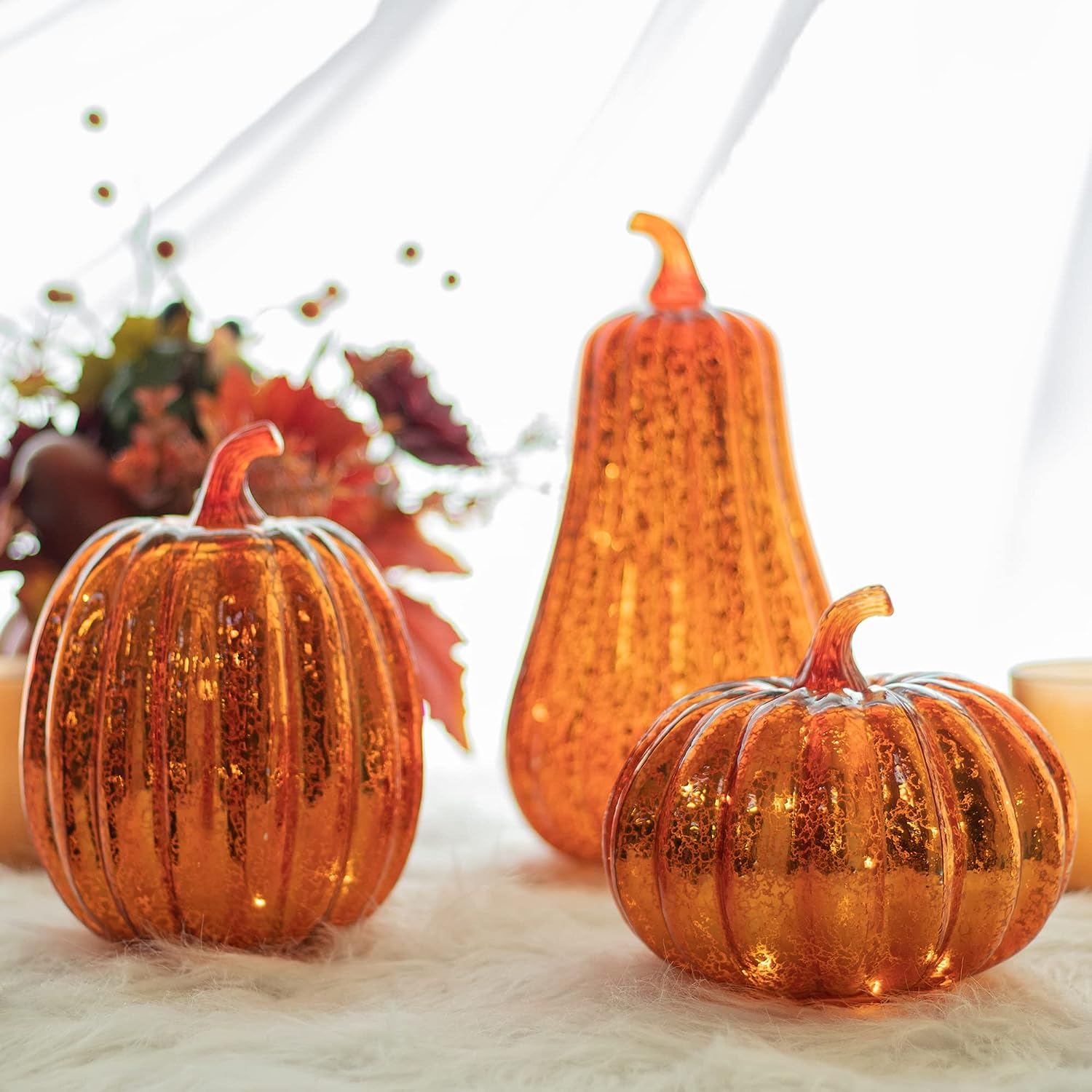 (14x19.5cm) LED Glas Kürbis Lampe Herbst Accessoire Thanksgiving Home Deko mit Beleuchtung