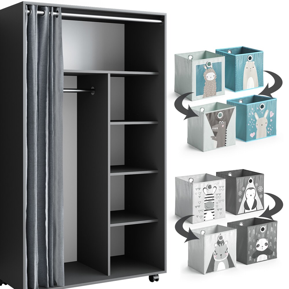 Vicco mobiler Kinderkleiderschrank Dielenschrank Garderobe Doros Grau modern 100 x 168 cm Faltboxen offen rollbar