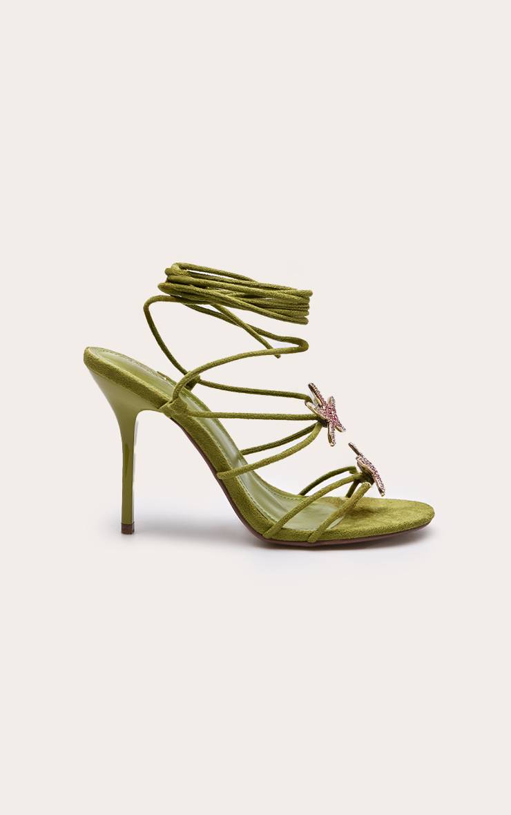 Vert Olive Sandales À Talons En Synthétique Avec Ornements Étoiles De Mer Et Lacets