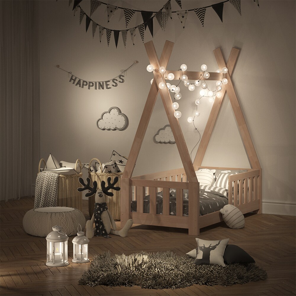 VITALISPA Kinderbett TIPI Indianer Kinderhaus Hausbett 70x140cm Natur Matratze