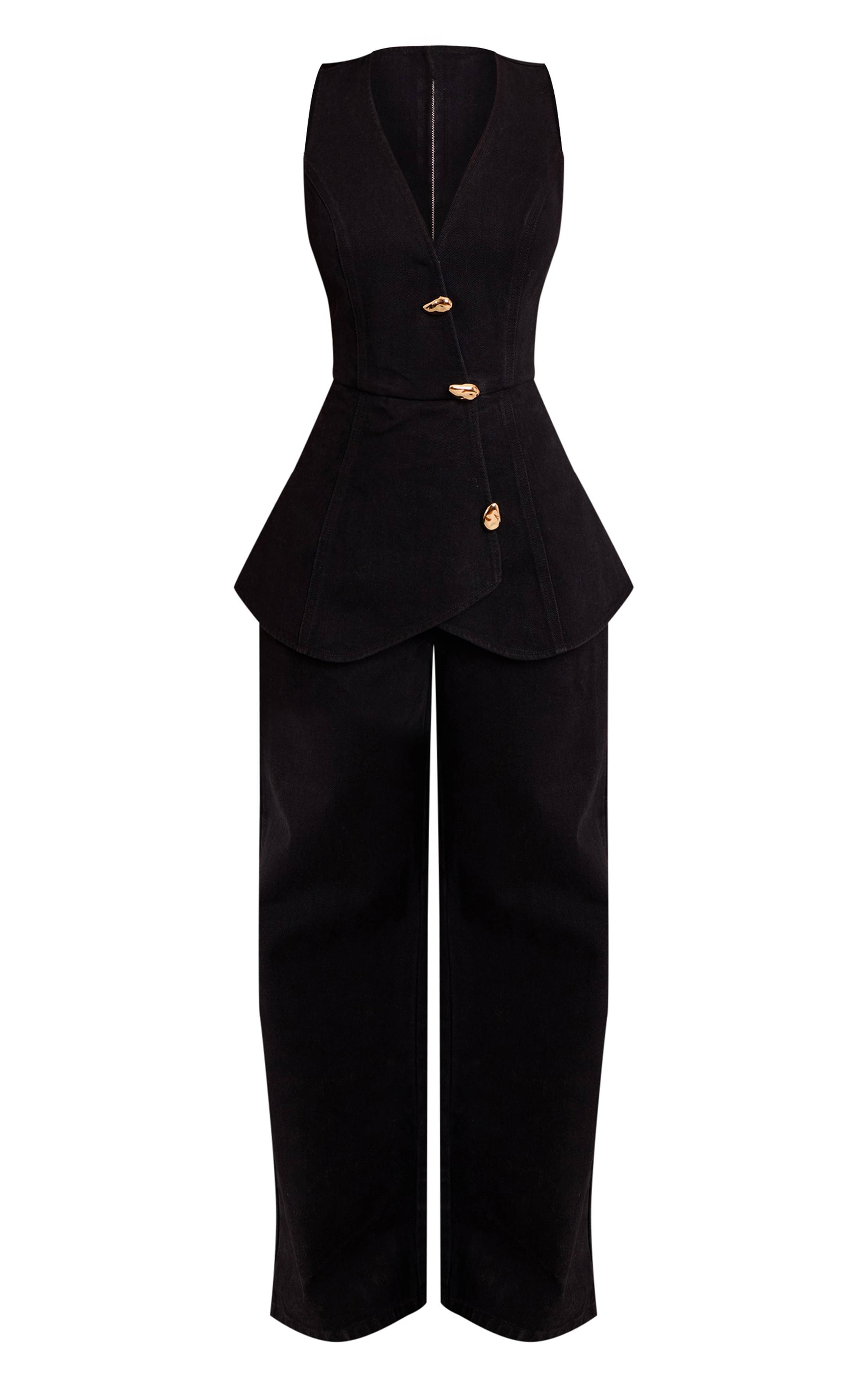 Noir Combinaison-pantalon En Denim Avec Gilet Ajusté Et Détails De Finition Petite