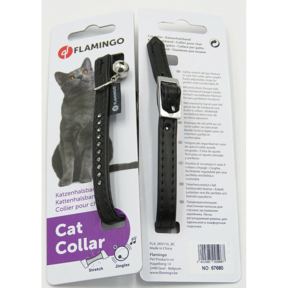 Collier 30 cm x 11 mm noir avec strass et clochette pour chat