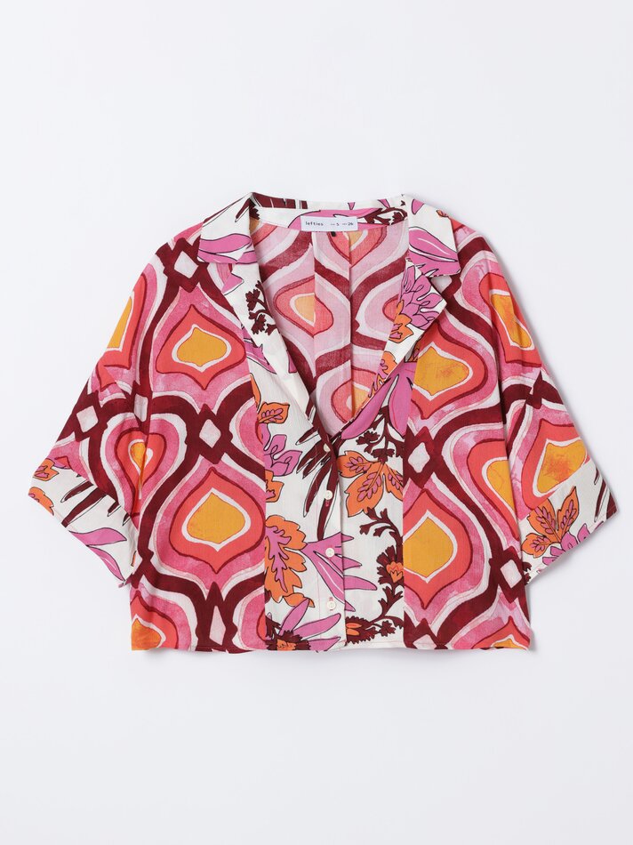 Blusa cropped de algodão com mangas curtas - Tons de rosa