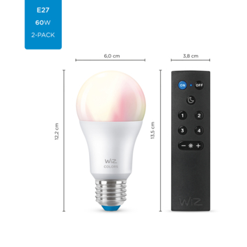 WiZ Connected LED peer E27 60W 2 stuks   afstandsbediening mat kleur licht dimbaar