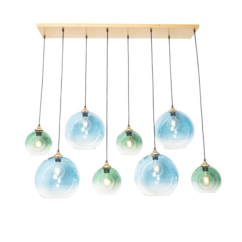 Hanglamp messing met blauw en groen glas 8-lichts - Sandra