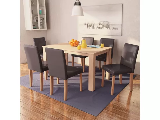 Table et chaises 7 pcs Cuir synthétique Chêne Marron