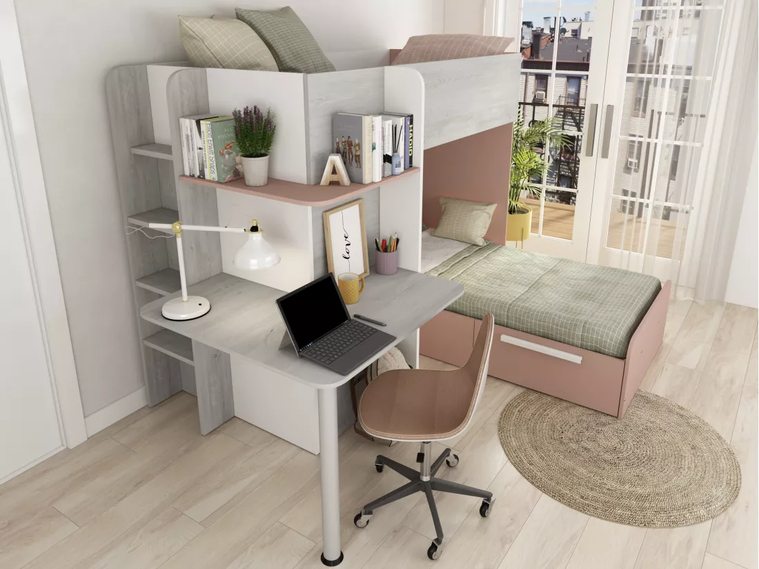 Lits superposés d'angle 2 x 90 x 190 cm - Avec bureau - Gris, blanc et rose + Matelas - SAMUEL