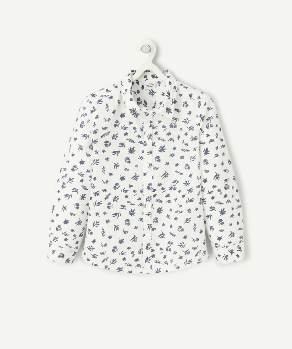 CHEMISE MANCHES LONGUES GARÇON BLANCHE AVEC IMPRIMÉ FEUILLES BLEUES